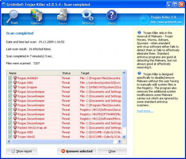 The screenshot above displaying all the threats that Trojan Killer found. Please note that the infections found on your computer may be different than what is shown here