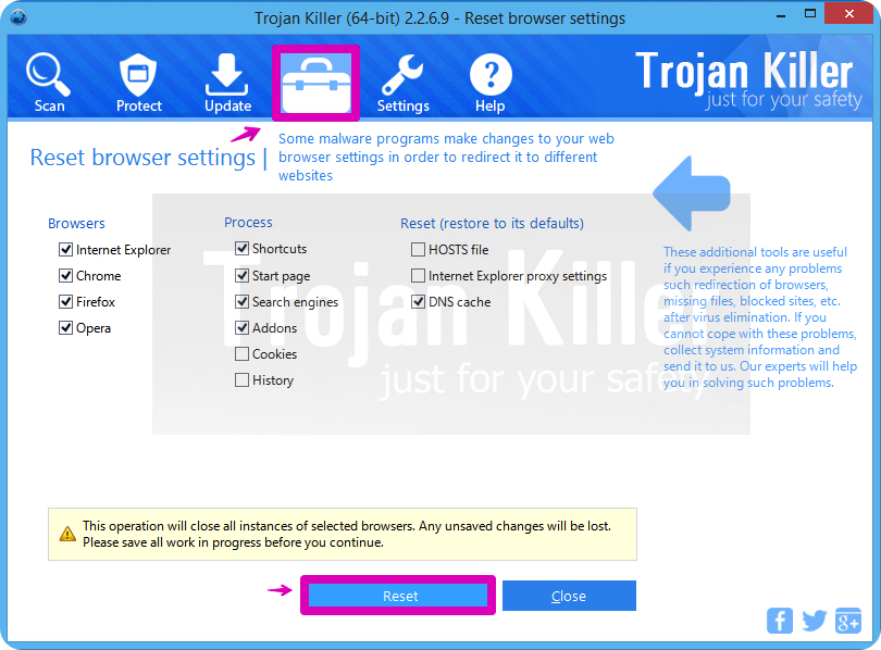 Options to reset browsers with Trojan Killer