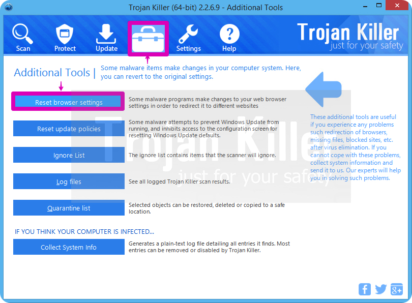 Built-in utility of Trojan Killer to reset browser settings