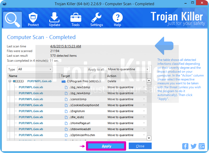 Apply actions by Trojan Killer