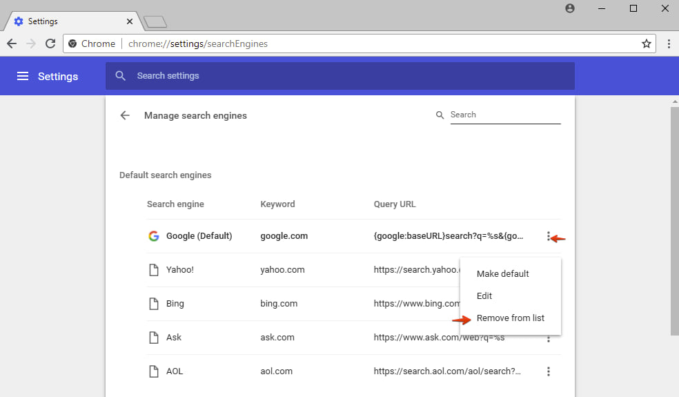 Verwijderen van ongewenste zoekmachine van Google Chrome lijst