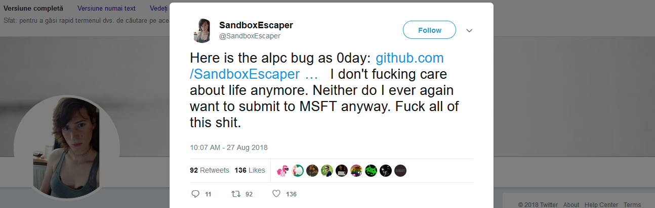 Old twitter post. Now SandboxEscaper microblog blocked.