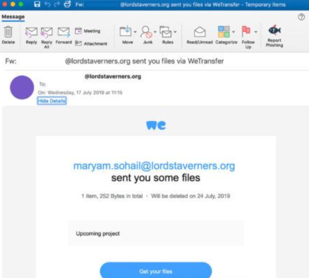 "WeTransfer" service misused by online frauds