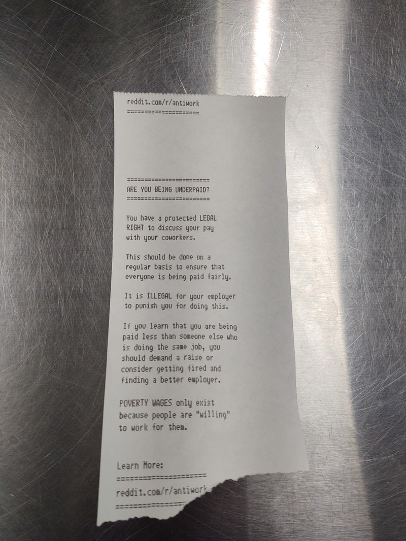 Spam de impressoras de recibo com manifestos anti-trabalho