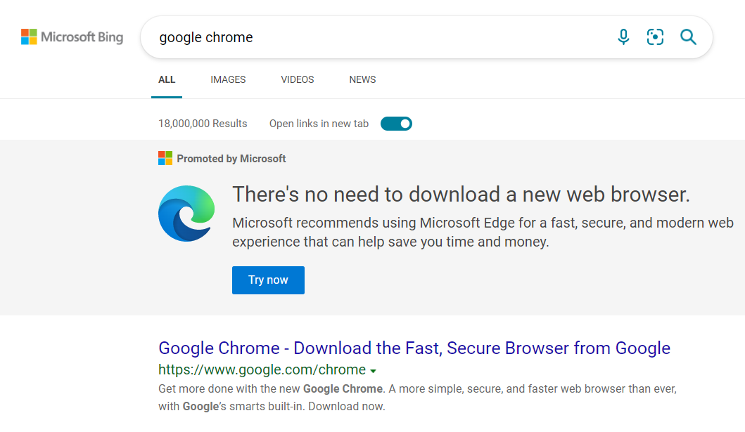 Microsoft Bing pide no usar Chrome