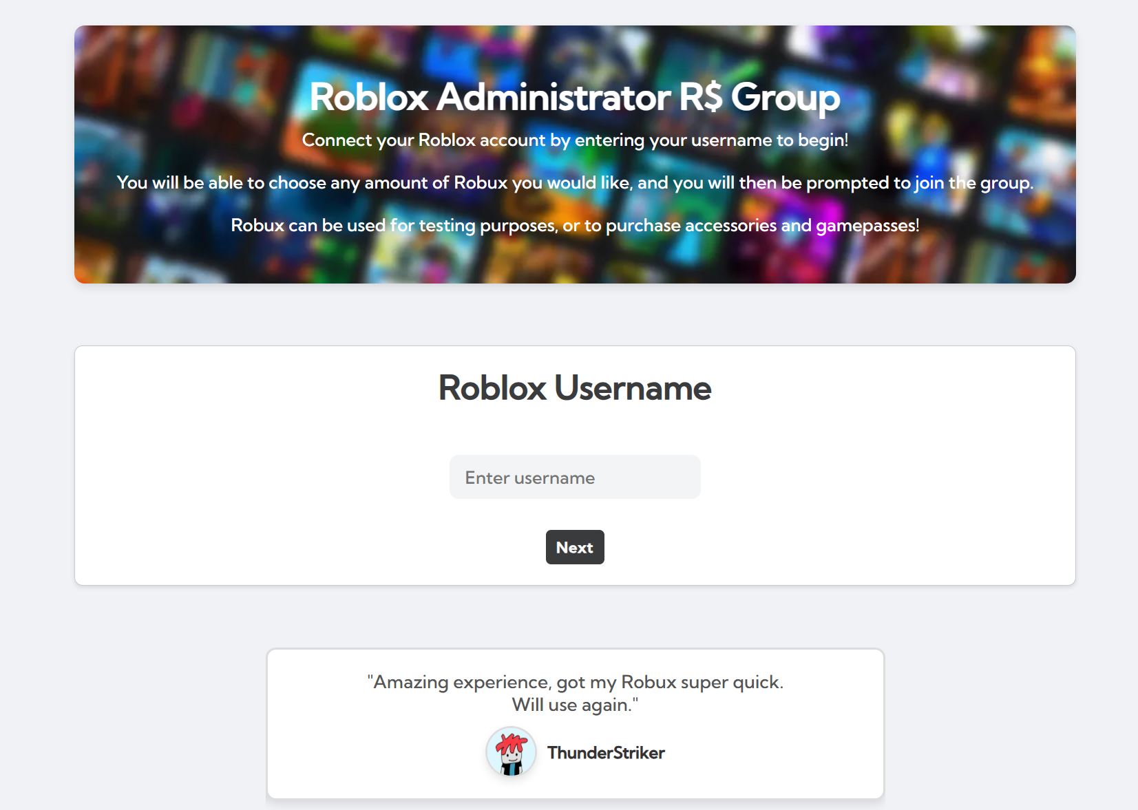 Screenshot of 8585.bio Roblox scam website offering fake group payouts
