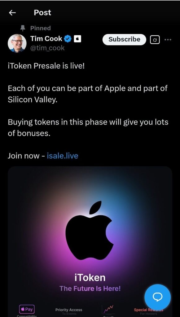 Example of a social media post promoting the iToken presale scam