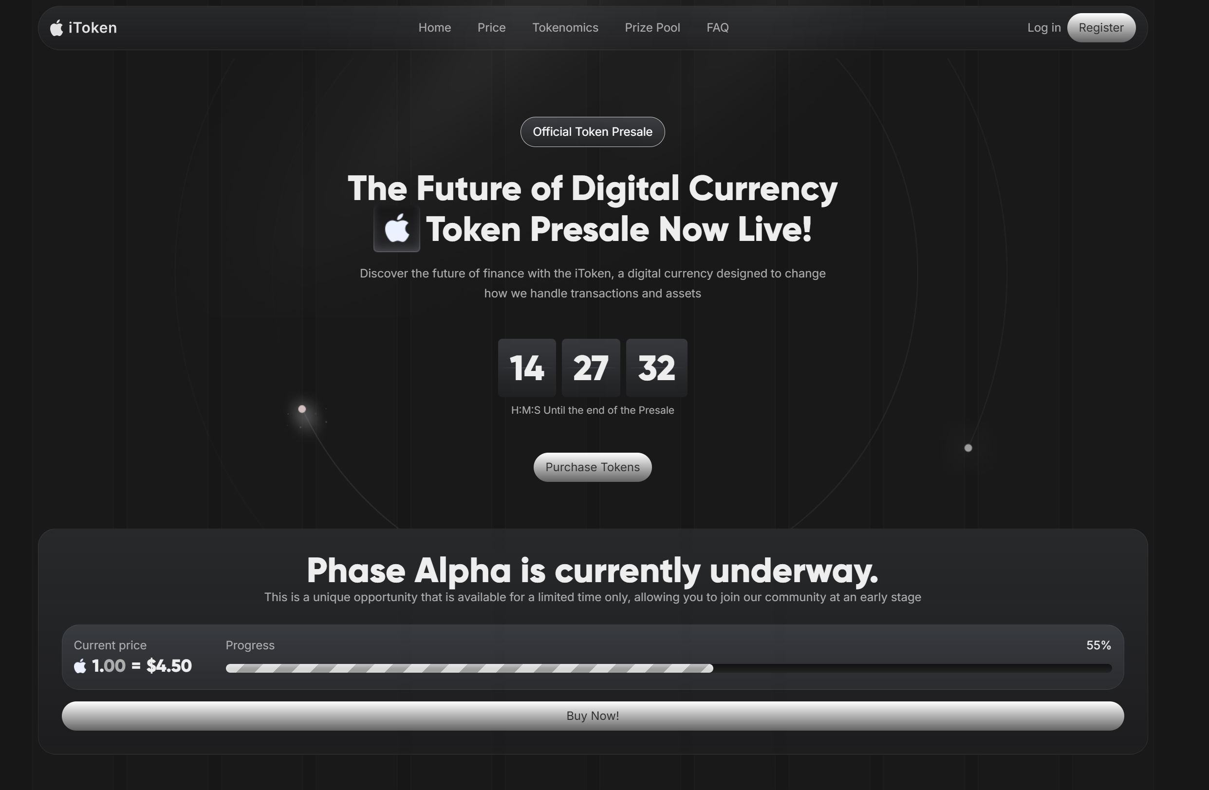 Screenshot of the iToken presale scam website showing fake company associations