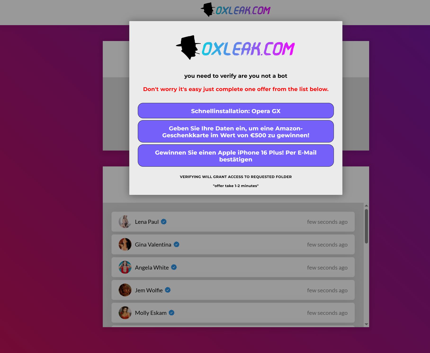 Screenshot of Oxleak.com website claiming to offer free OnlyFans content downloads