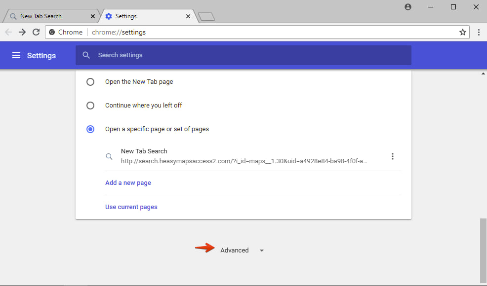 Advanced settings of Google Chrome browser.