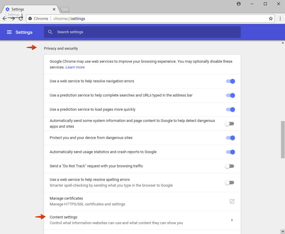 Configuración del contenido de Google Chrome