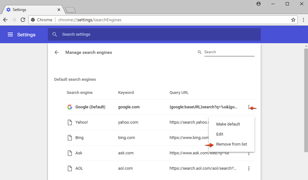 Entfernen unerwünschter Suchmaschine von Google Chrome Liste
