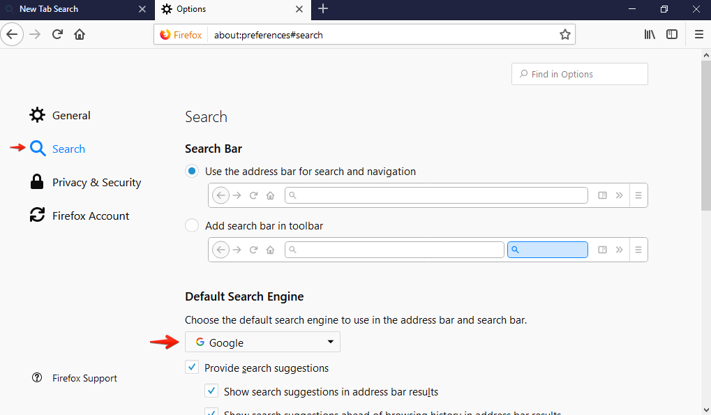 Search engine selection in Mozilla Firefox
