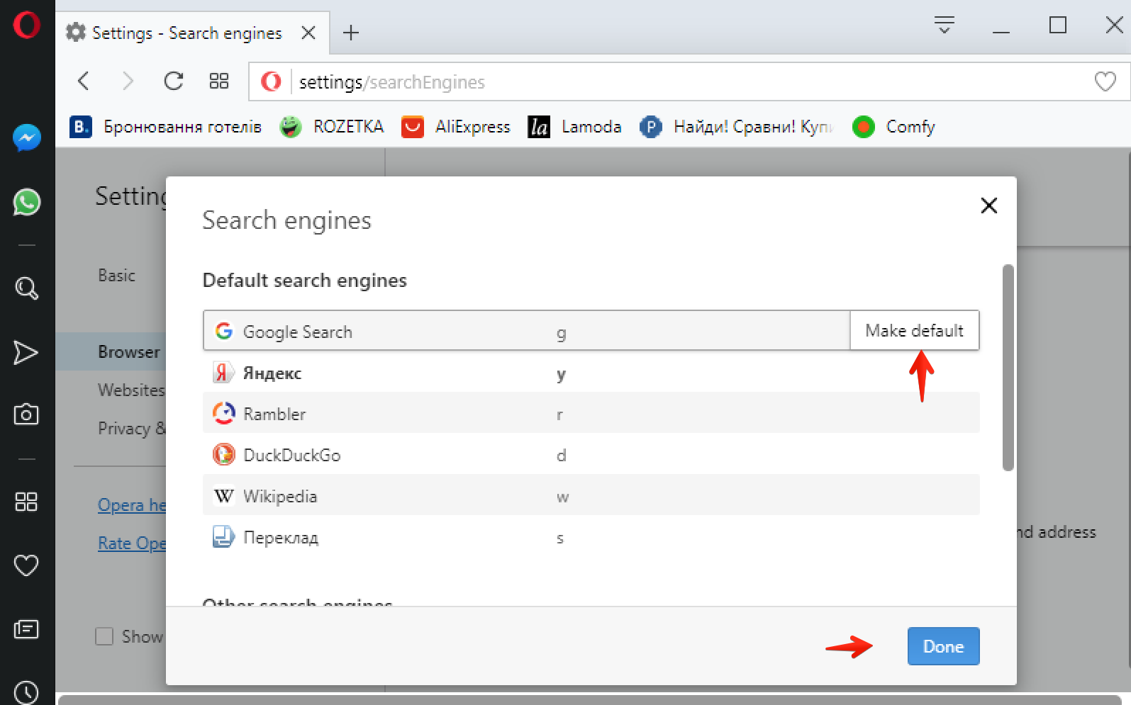 Opera default search selection